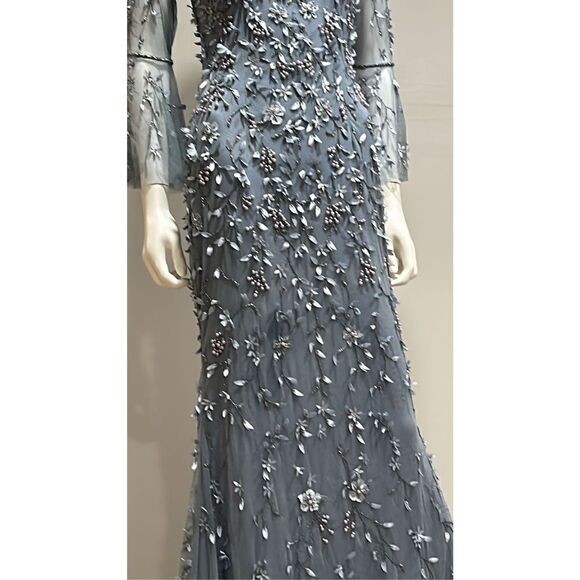 Theia Flounce Sleeve 3-D Embroidered and Beaded  Dusty Blue Gown Size 2 - Picture 5 of 14